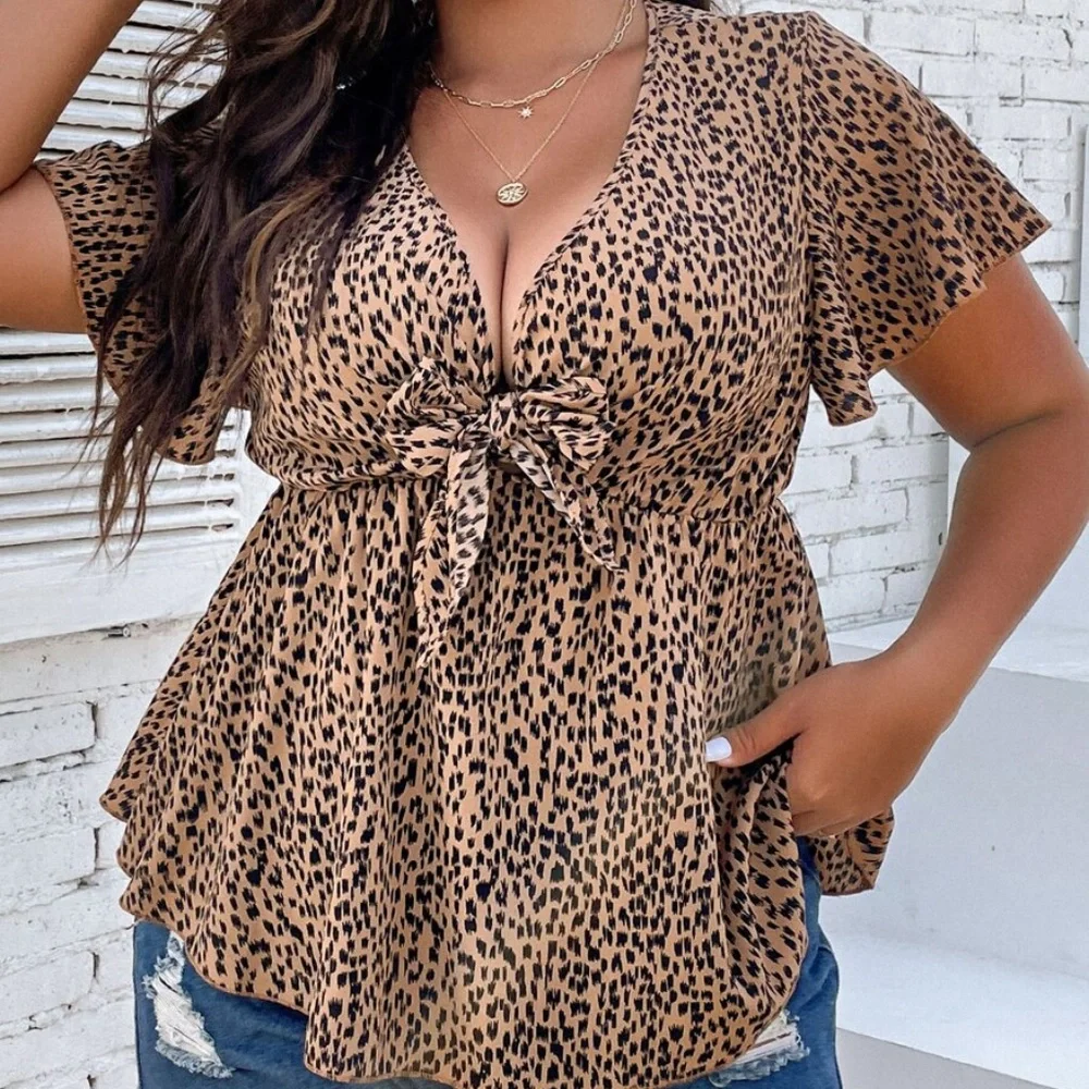 Boho Leopard Print Butterfly Sleeve Peplum Top - Picture 2 of 9